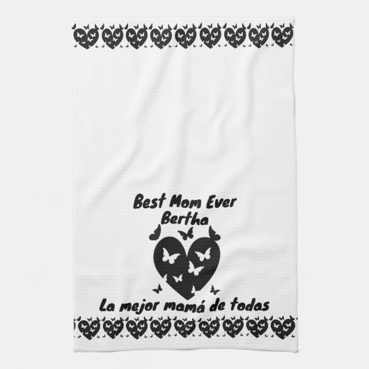 Vlinders & Hart Aangepaste Naam, Tweetalig Wit Theedoek (Verticaal)