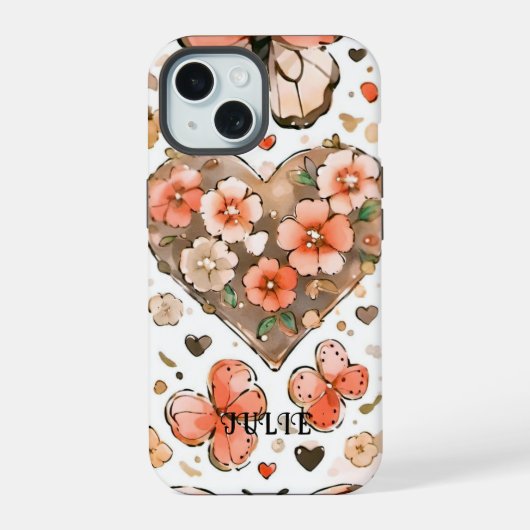  Vlinders, Harten en Bloemen Aangepaste Naam iPhone 15 Case (Achterkant)