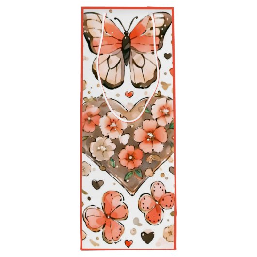 Vlinders, harten en bloemen wijn cadeautas (Achterkant)