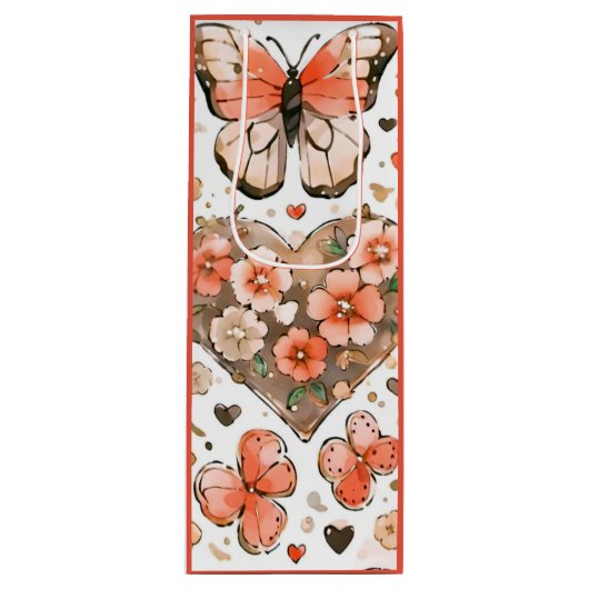 Vlinders, harten en bloemen wijn cadeautas (Voorkant)
