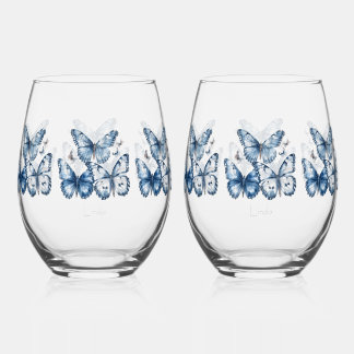 Vlinders in Delfts Blauw, aanpasbaar Wijnglas Zonder Voet