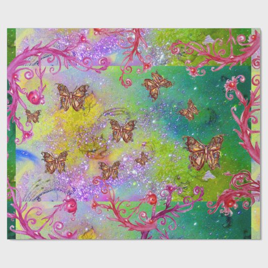 VLINDERS IN GOUDGELE PAARSE GROENE SCHITTERINGEN CADEAUPAPIER (Vlak)