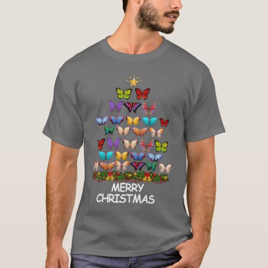 Vlinders Kerstboom Vrolijk Kerstjongetje T-shirt (Voorkant)