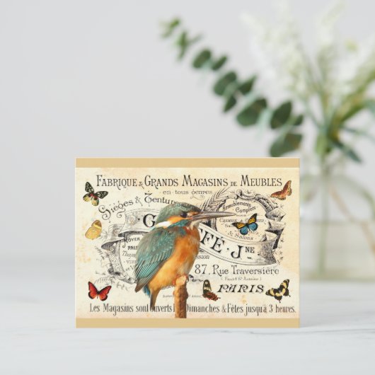 Vlinders & Kingfisher Vogel op Frans Ad Briefkaart (Staand voorkant)