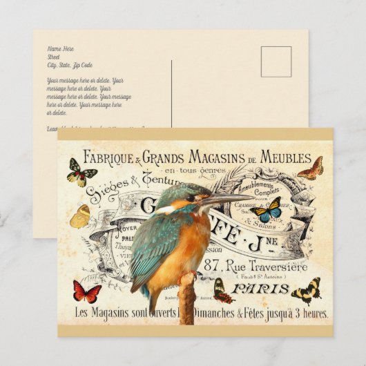 Vlinders & Kingfisher Vogel op Frans Ad Briefkaart (Voorkant / Achterkant)