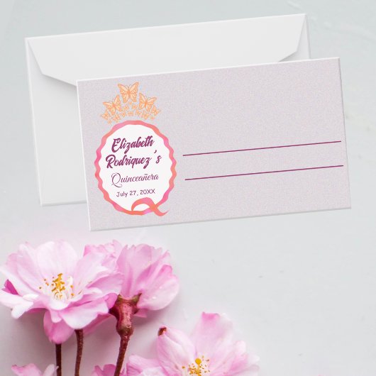 Vlinders Kroon Quinceanera Roze Perzik Squiggle Plaatskaartje