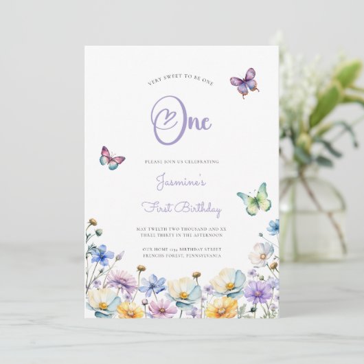 Vlinders Leuke foto 1e verjaardag Wildflower Kaart (Staand voorkant)