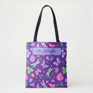 Vlinders & Libellen paars en roze bloemen Tote Bag