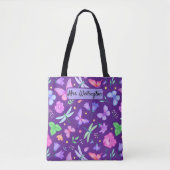 Vlinders & libellen paarse en roze bloemen tote bag (Voorkant)