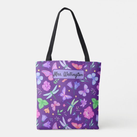 Vlinders & libellen paarse en roze bloemen tote bag (Achterkant)