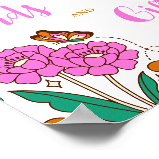 Vlinders Liefhebbers Roze Bloemen Script Bruidsbor Poster (Hoek)