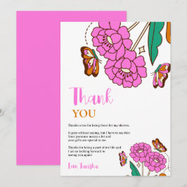 Vlinders Liefhebbers Roze Bloemrijke Script Bruid Bedankkaart