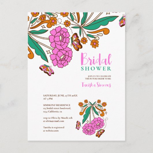Vlinders Liefhebbers Roze Bloemrijke Script Bruid Briefkaart (Voorkant)