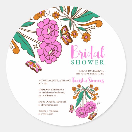 Vlinders Liefhebbers Roze Bloemrijke Script Bruid Ronde Sticker (Voorkant)