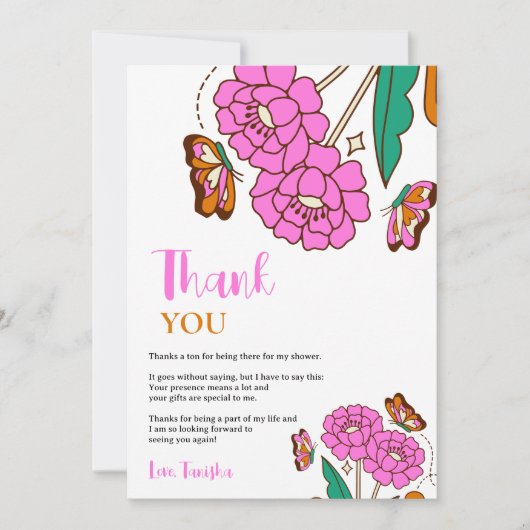 Vlinders Liefhebbers Roze Bloemrijke Script Bruids Bedankkaart (Voorkant)