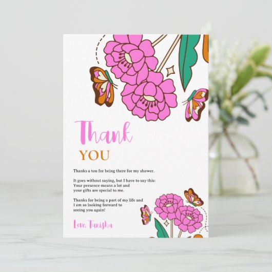 Vlinders Liefhebbers Roze Bloemrijke Script Bruids Bedankkaart (Staand voorkant)