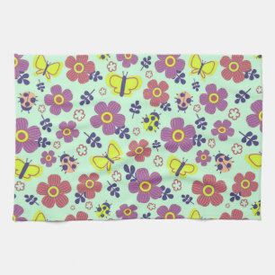 Vlinders, Lieveheersbeestjes, Bloemen en Bladeren Theedoek