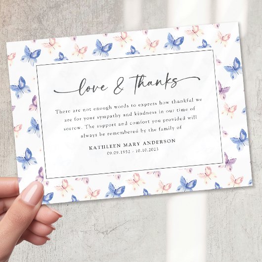 vlinders Lila Blue Sympathy Funeral Bedankkaart