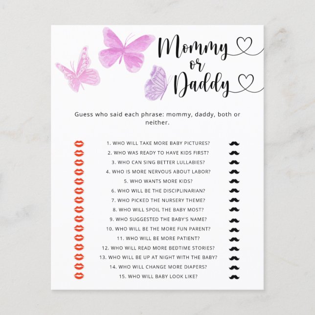 Vlinders - mama of papa baby shower spel (Voorkant)