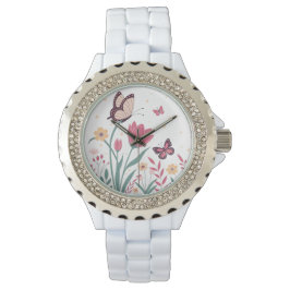 Vlinders met roze tulpen en gele madeliefjes horloge