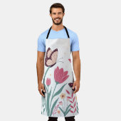 Vlinders met roze tulpen en gele madeliefjes schort (Gedragen)