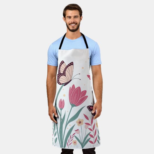 Vlinders met roze tulpen en gele madeliefjes schort (Gedragen)