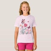 Vlinders met roze tulpen en gele madeliefjes t-shirt (Voorkant volledig)