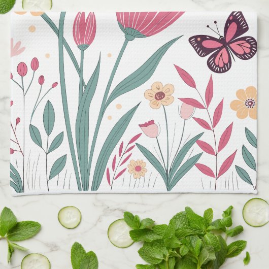 Vlinders met roze tulpen en gele madeliefjes theedoek (Gevouwen)