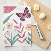 Vlinders met roze tulpen en gele madeliefjes theedoek (Quarter Fold)