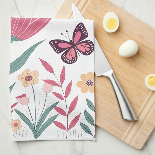 Vlinders met roze tulpen en gele madeliefjes theedoek (Quarter Fold)