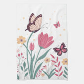 Vlinders met roze tulpen en gele madeliefjes theedoek (Verticaal)