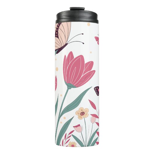 Vlinders met roze tulpen en gele madeliefjes thermosbeker (Voorkant)