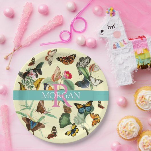  vlinders, monogram en naam, Bleek geel Papieren Bordje (Feest)
