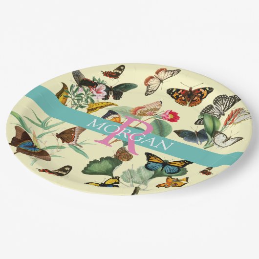  vlinders, monogram en naam, Bleek geel Papieren Bordje (Gekanteld)