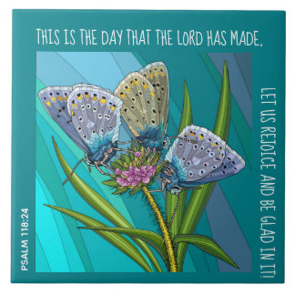 Vlinders op bloem met vers uit Psalm 118:24 Tegeltje