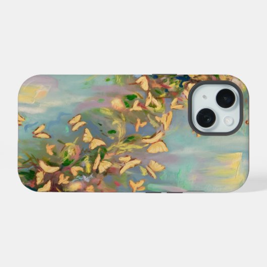 Vlinders op lichtblauwe achtergrond iPhone 15 case (Achterkant horizontaal)