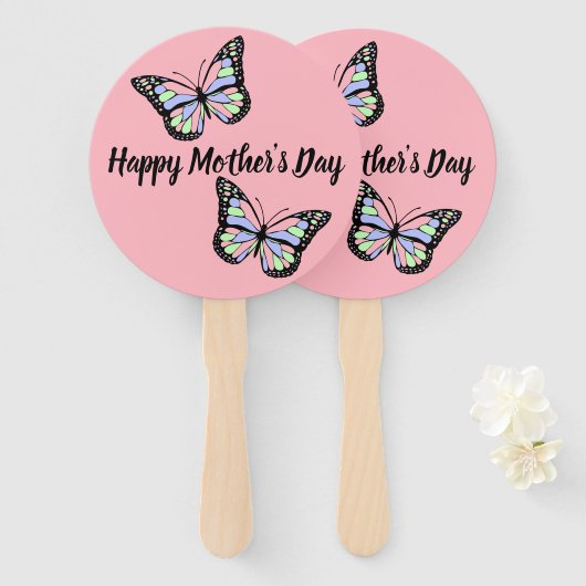 Vlinders op Roze Happy Moederdag Handwaaier (Voorkant en achterkant)