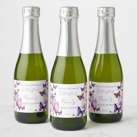 Vlinders paarse bruiloft cadeau  sparkling wijnetiket (Flessen)