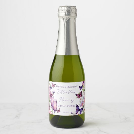Vlinders paarse bruiloft favor sparkling wijnetiket (Voorkant)