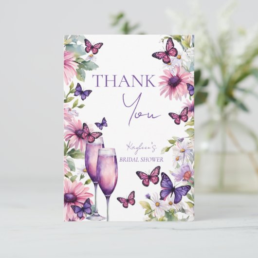 Vlinders paarse bruiloftfeest bedankkaart (Staand voorkant)
