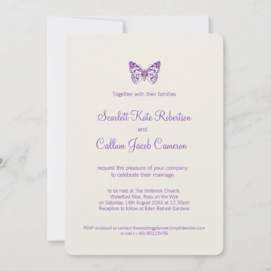 Vlinders paarse witte crème bruiloft uitnodigingen (Achterkant)