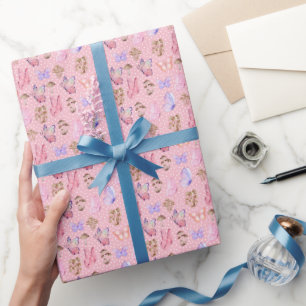 Vlinders & Paddenstoelen op Bubblegum Roze Cadeaupapier