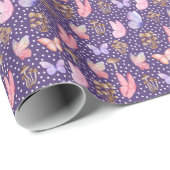 Vlinders & Paddenstoelen op Donker Paarse Cadeaupapier (Rol Hoek)