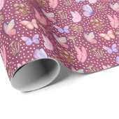 Vlinders & Paddenstoelen op Donkerroze Cadeaupapier (Rol Hoek)