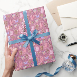 Vlinders & Paddenstoelen op Paars Roze Cadeaupapier