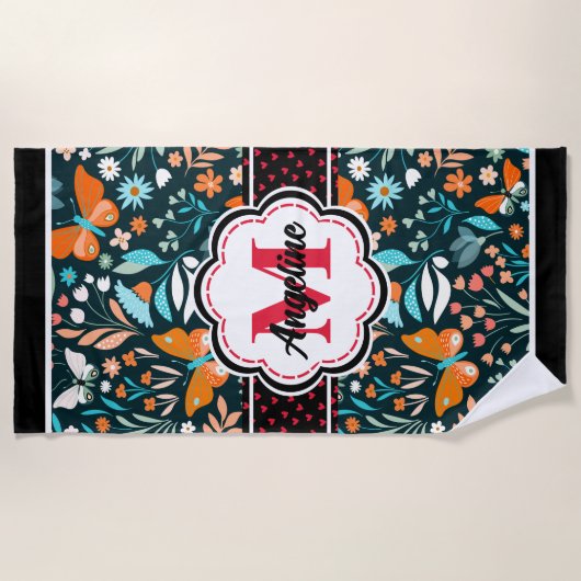 Vlinders Patroon Aangepaste Naam Monogram Strandlaken (Voorkant)