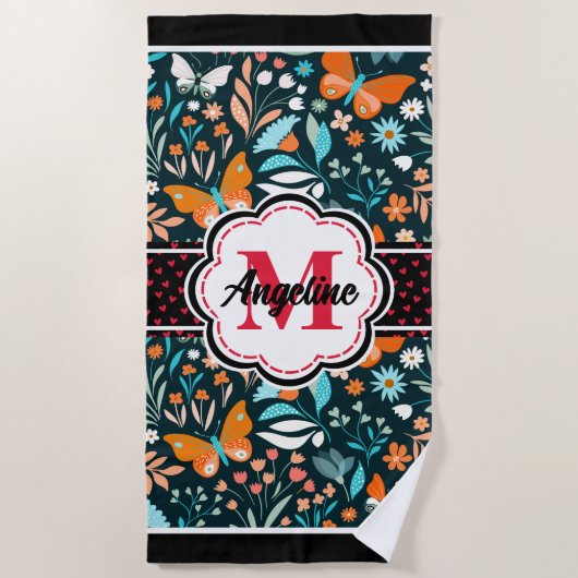 Vlinders Patroon Aangepaste Naam Monogram Strandlaken (Voorkant)