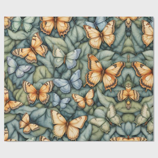 Vlinders Patroon Blauw Groen Geel tinten Cadeaupapier (Vlak)