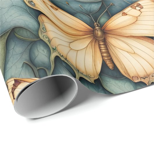 Vlinders Patroon Blauw Groen Geel tinten Cadeaupapier (Rol Hoek)