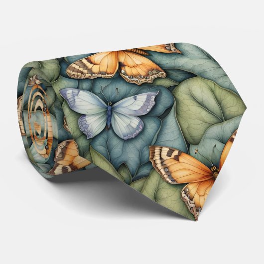 Vlinders Patroon Blauw Groen Geel tinten Stropdas (Opgerold)